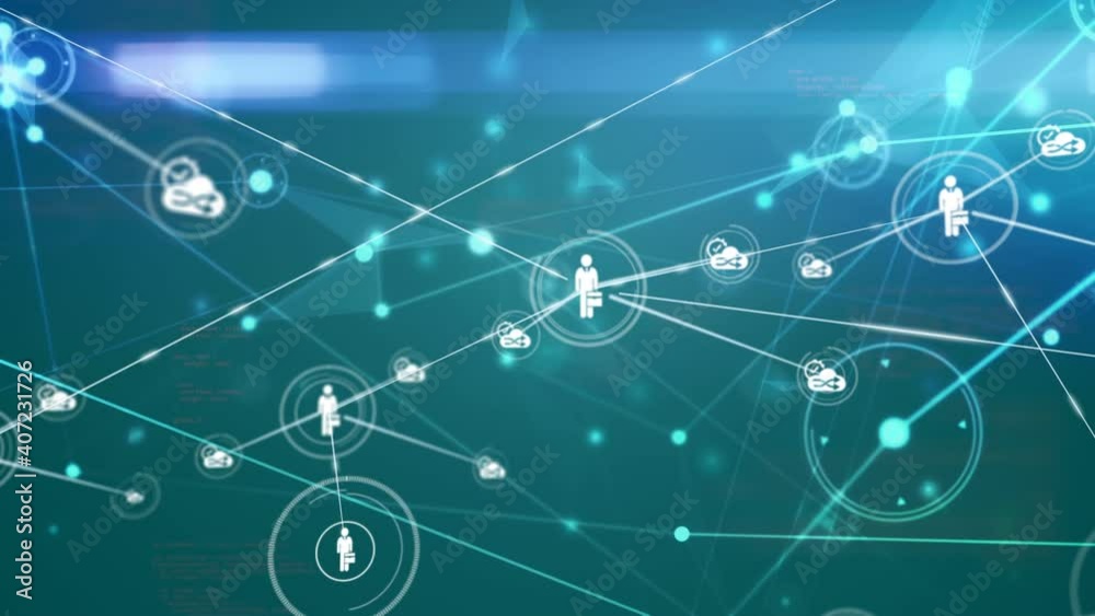 Animation of network of connections with online icons and data processing Animation of network of connections with online icons and data processing