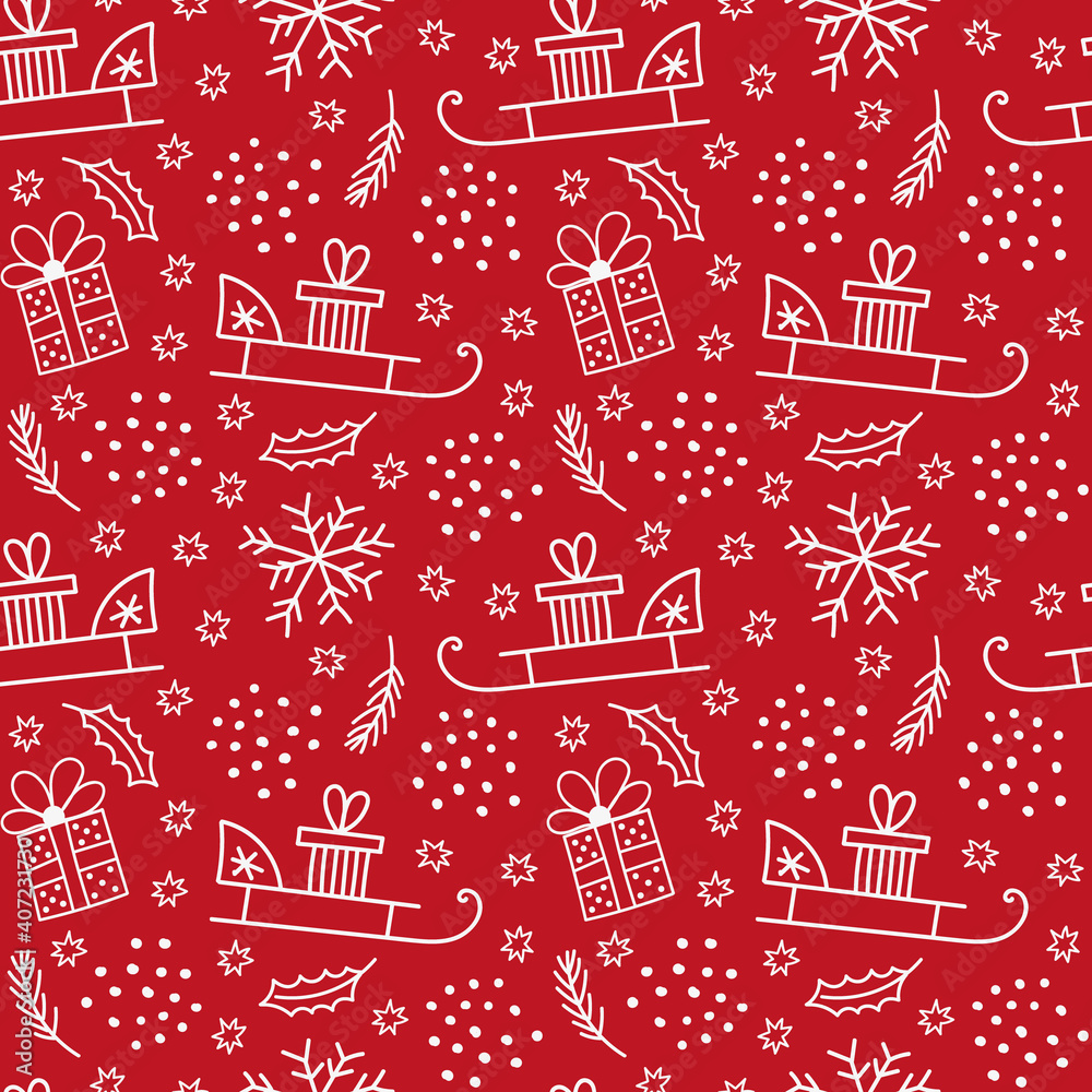 Cute Christmas seamless pattern with hand drawn illustrations in doodle style  on red background.