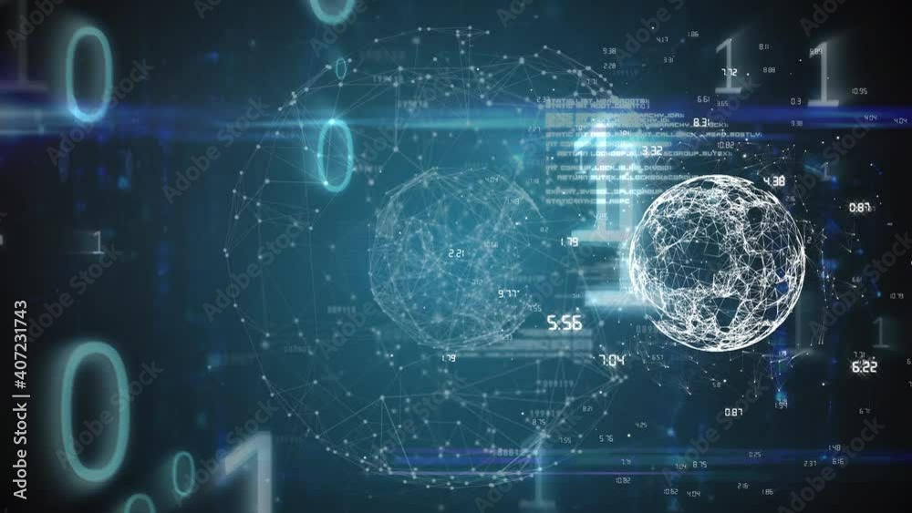 Animation of globe of network of connections and binary coding data processing Animation of globe of network of connections and binary coding data processing