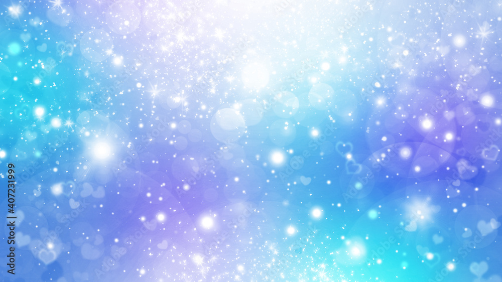 Blue, violet and white abstract gradient bokeh background with circles and hearts. Soft Valentines day background