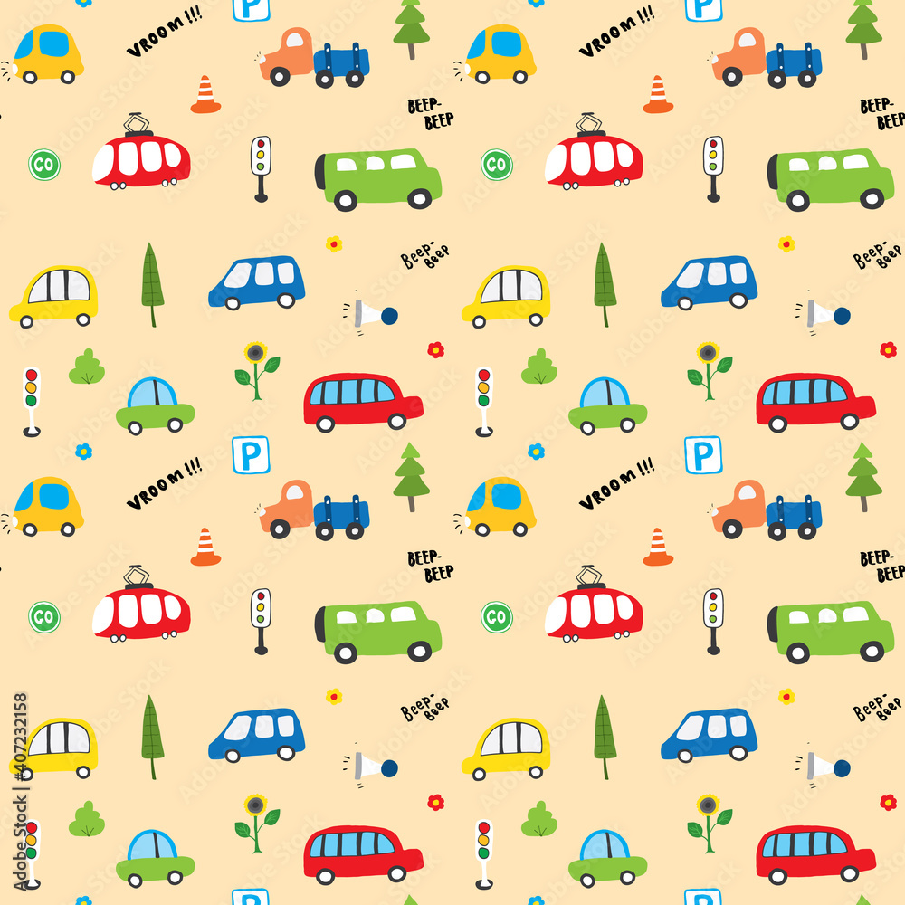 Fototapeta premium Cute Cars Seamless Pattern, Cartoon transportation Doodles Background, vector Illustration
