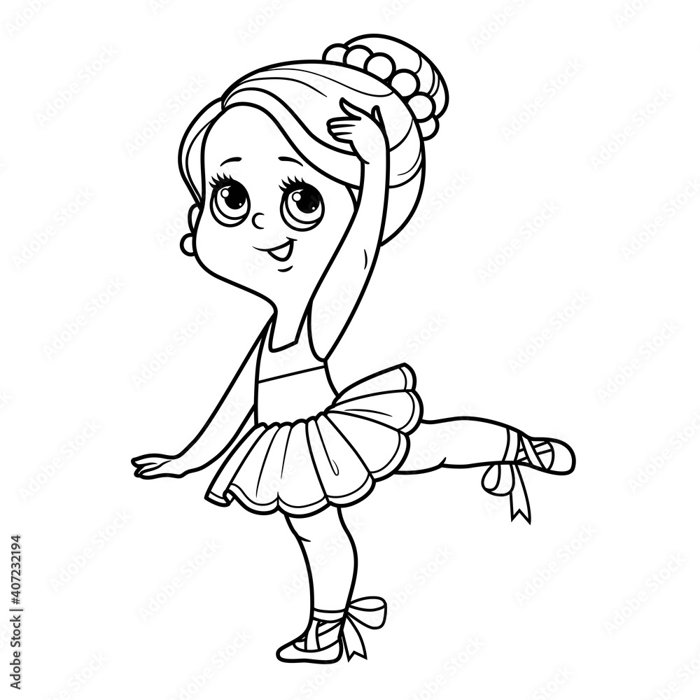 Obraz premium Сartoon little ballerina girl dancing on one leg outlined for coloring isolated on a white background