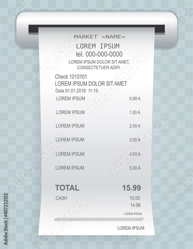 Payment check paper document poked out of cash register. Buying financial invoice bill purchasing calculate pay. Receipt the seller forms at online checkout for transfer to buyer. ATM receipt check