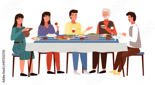 Table with khinkali and adjarian khachapuri. Arrangement of furniture. Characters eating georgian food. People are having a dinner at home. Girl drinking wine. Couple communicating with grandfather