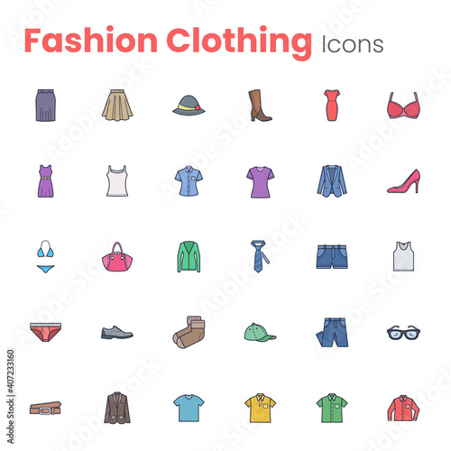Fashion clothes and accessories icon set
