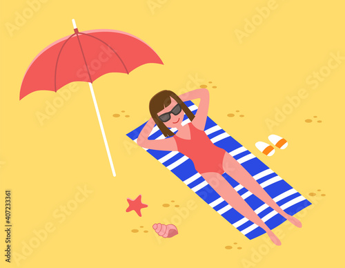 Tropical landscape with tanned girl sunbathing in seashore, enjoying sun. Woman in glasses and swimsuit lies in the sand. Travel to beach resorts during hot season, sand island, vacation by the ocean
