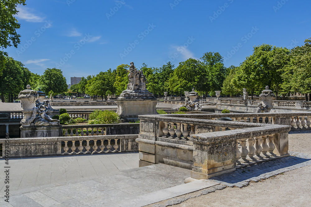 Obraz premium Remarkable garden and first public garden in Europe: Nimes Gardens of the Fountain (Jardin de la Fontaine, 1738 - 1755). Nimes, Occitanie region of southern France.