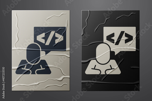 White Web design and front end development icon isolated on crumpled paper background. Paper art style. Vector.