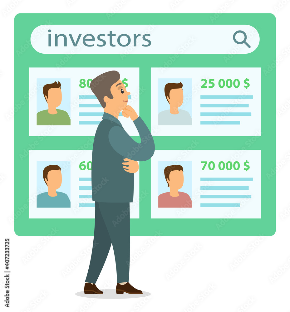 Businessman near investor candidate list makes a choice. Business idea development, generation of innovation concept. Man thinking about investors, brainstorming. Business and motivation banner Businessman near investor candidate list makes a choice. Business idea development, generation of innovation concept. Man thinking about investors, brainstorming. Business and motivation banner