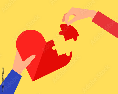 Love concept: There are love red heart shape and two hands share their love. Cartoon vector style for your design.