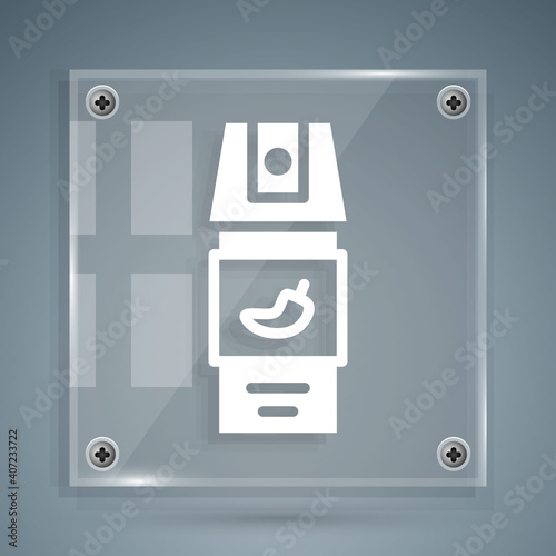 White Pepper spray icon isolated on grey background. OC gas. Capsicum self defense aerosol. Square glass panels. Vector.