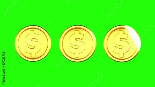 3d animated rotating gold coins. 4K video. Rotation on green screen background for footage
