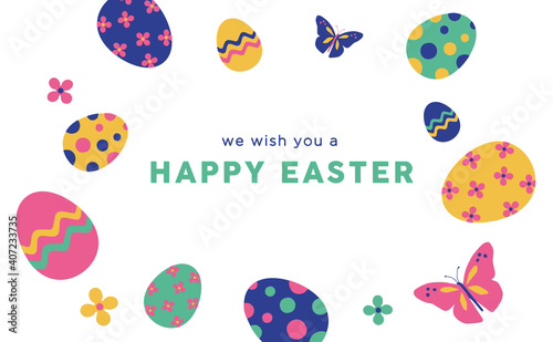 Colorful Happy Easter greeting card with eggs, butterflys and text	