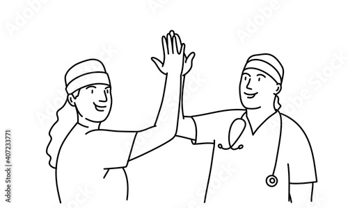 Cheerful doctors and colleagues giving high five. Hand drawn vector illustration.
