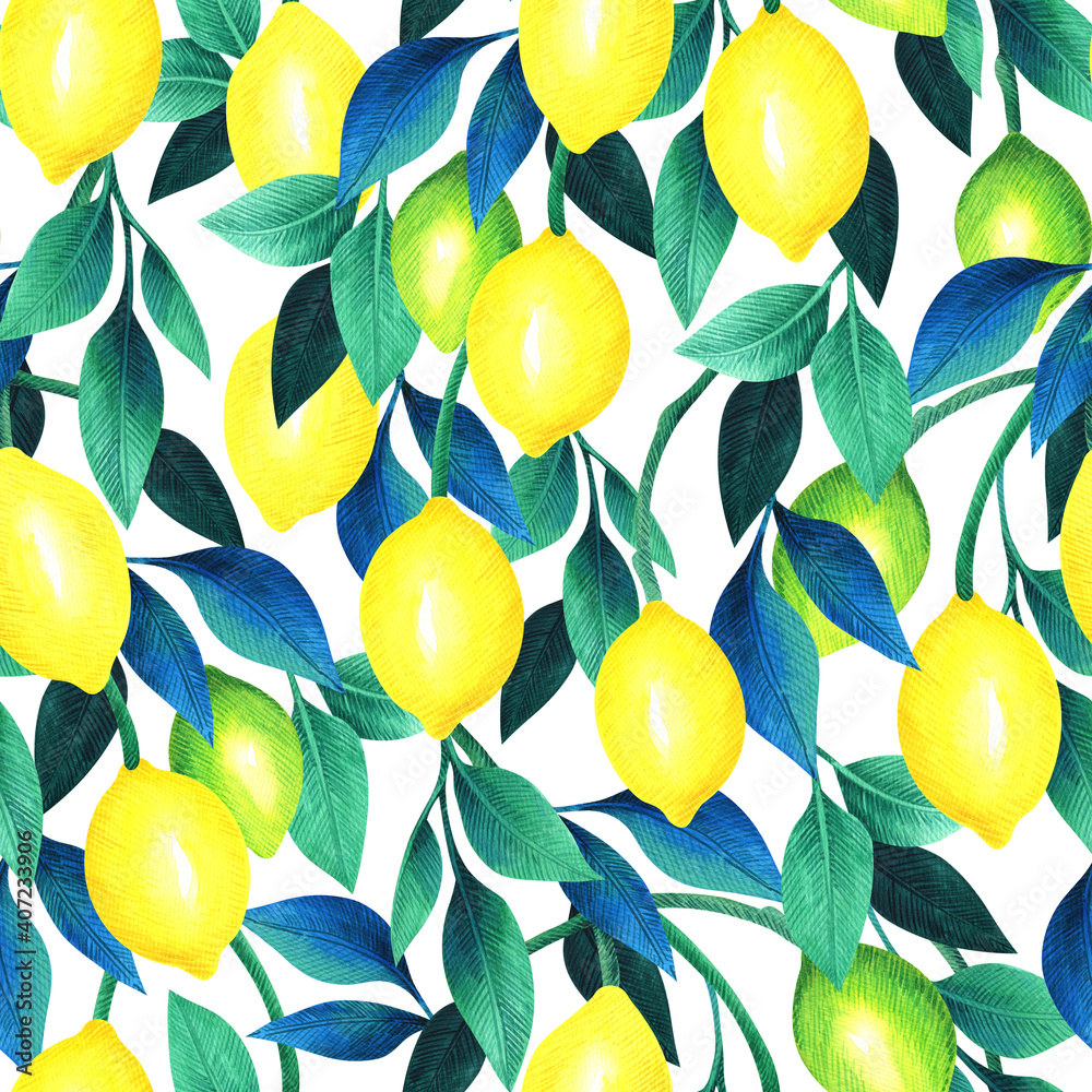 Watercolor seamless pattern with lemons.
