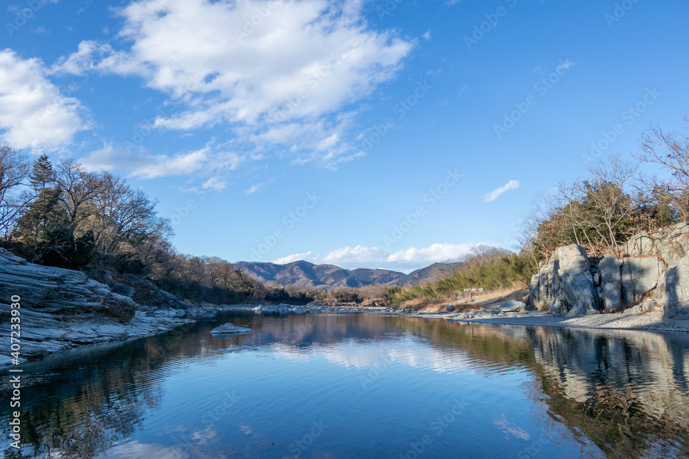  秩父 長瀞　岩畳　冬の風景　landscape with  schist rock in Chichibu, Japan	 