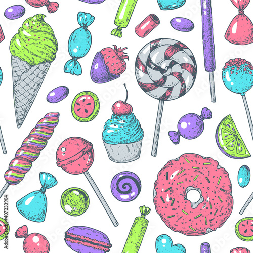 Set of sweets. Seamless pattern. Hand drawn vector illustration. Colorful candies. Hand drawn vector illustration