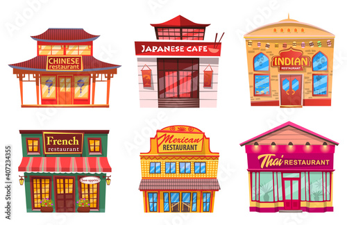 Six isolated buildings, traditional world cuisines restaurants and cafes. Vector facade exterior design illustration. Cafeterias with chinese and japanese, indian and french, mexican and thai food