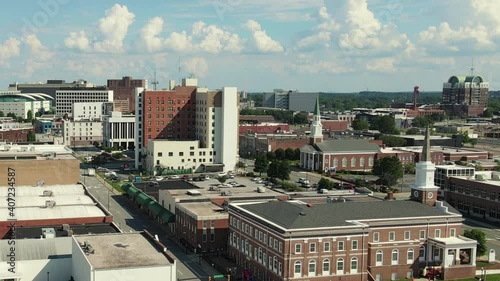 Aerial View of High Point Downtown City District, North Carolina USA. Cityscape, Buildings and Churches on Sunny Day, Drone Shot photo