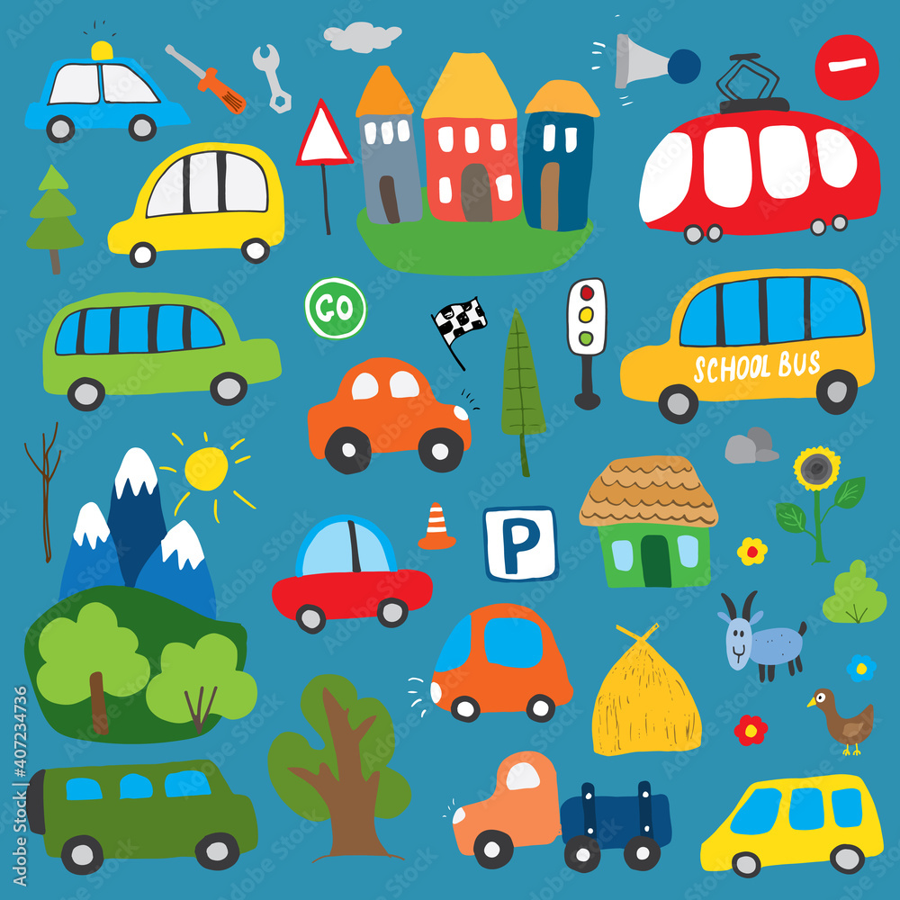 Cars Cartoon Set. Cute transport Doodles collection, vector illustration