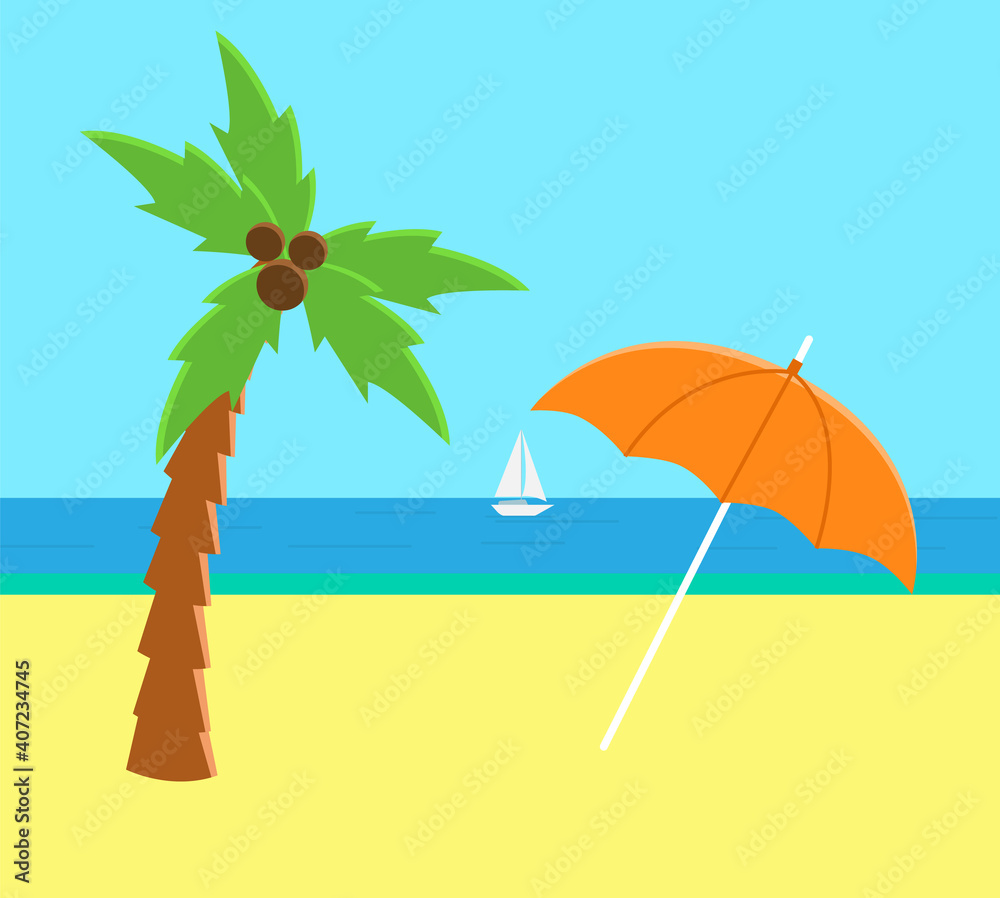 Coconut palm tree on a sandy shore with an umbrella. Bent palm tree with large green leaves on the beach cartoon style. Exotic tropical plant growing in warmer countries, vegetation of tropical island