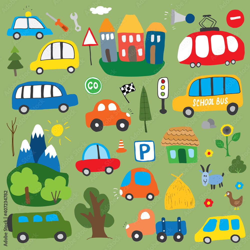 Naklejka premium Cars Cartoon Set. Cute transport Doodles collection, vector illustration