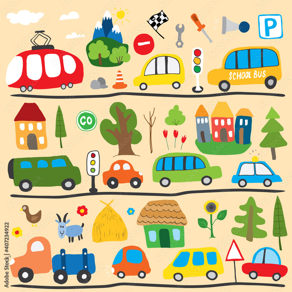 Obraz premium Cars Cartoon Set. Cute transport Doodles collection, vector illustration