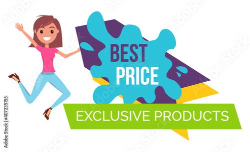 Young smiling stylish girl rejoice a promo action. Best price, exclusive products. Promotional poster or banner for shops. Sale products, discount offer. Proposal to save money. Economy concept