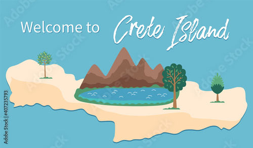Crete island invitation card vector illustration. Drawing of territory of the landscape of Greece. Terrain map of an island surrounded by sea or ocean waters. Nature landscape with mountains and lake