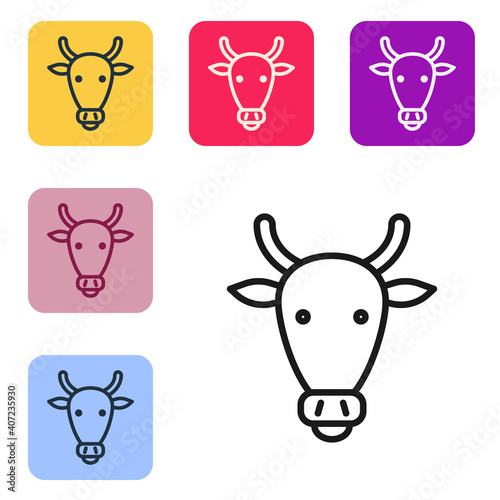 Black line Cow head icon isolated on white background. Set icons in color square buttons. Vector.