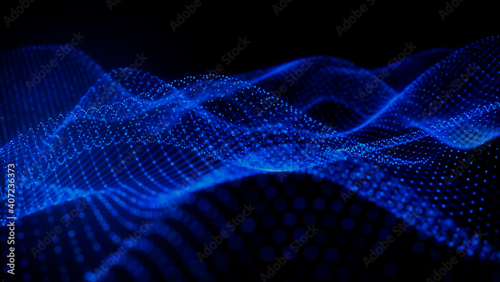 Sound Wave Vizualisation concept. Music audio frequencies represented as High Tech Futuristic Particle Waves. Abstract background. 3D render Sound Wave Vizualisation concept. Music audio frequencies represented as High Tech Futuristic Particle Waves. Abstract background. 3D render