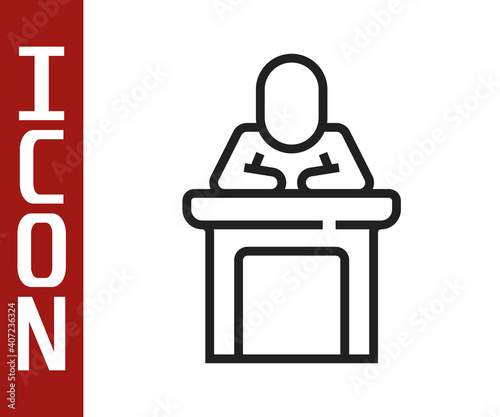 Black line Speaker icon isolated on white background. Orator speaking from tribune. Public speech. Person on podium. Vector.