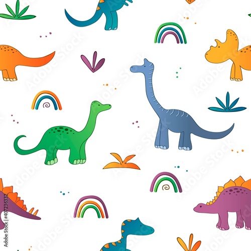 Seamless pattern with lovely dinosaurs characters.