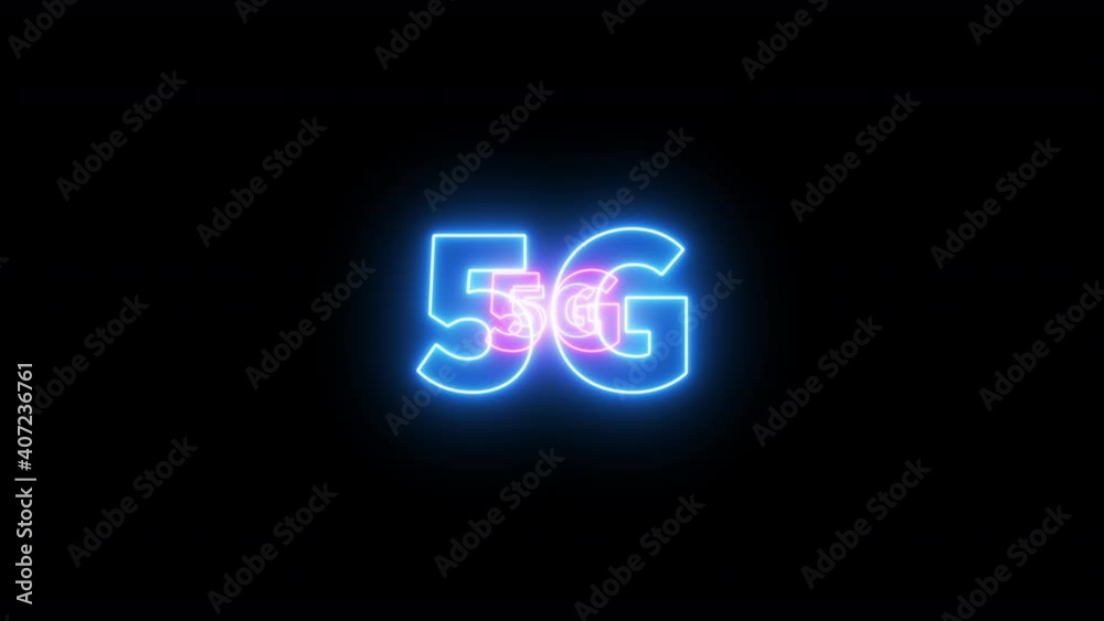 5G Blue neon animation. Neon light in space on black background. Social media and social network concept