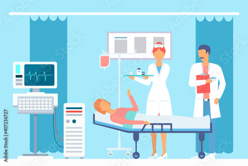 Doctor with clipborad checking health condition of woman patient lying on bed. Nurse holding tray with containers with tablets or pills. Treatment in hospital. Woman after surgery, electrocardiograph