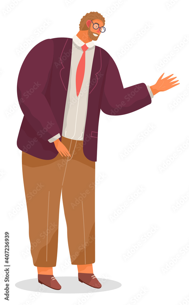 Serious man, chief, bearded businessman dressed formally standing at full height raised bent arm on white. Businessperson director, male character in glasses in formal clothes office worker or boss Serious man, chief, bearded businessman dressed formally standing at full height raised bent arm on white. Businessperson director, male character in glasses in formal clothes office worker or boss