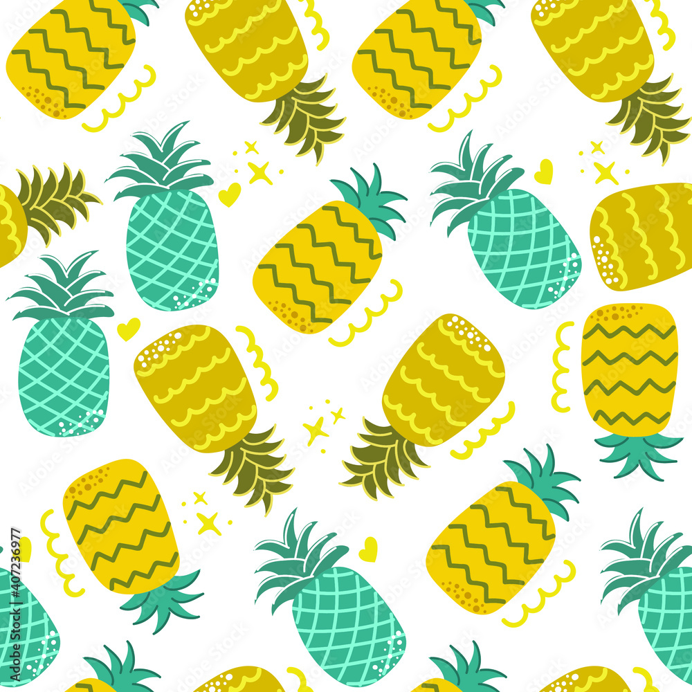Seamless pattern of hand drawn pineapple, cute and fun, modern flat illustration. Nursery design.