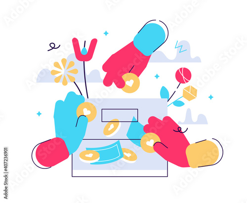 Hands holding coins and putting them into money box. Concept