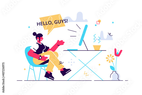 Smiling female influencer talking shooting live video in