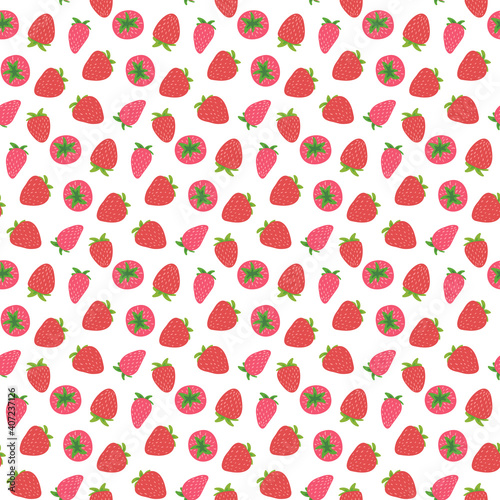 Seamless repeating pattern of strawberries with leaves.Colored red-green image on a white background. Doodle.