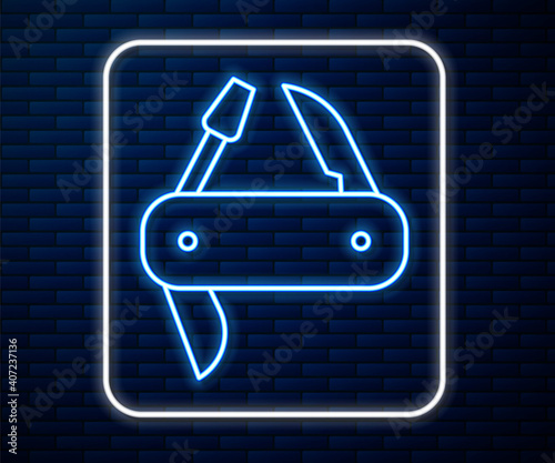 Glowing neon line Swiss army knife icon isolated on brick wall background. Multi-tool, multipurpose penknife. Multifunctional tool. Vector.
