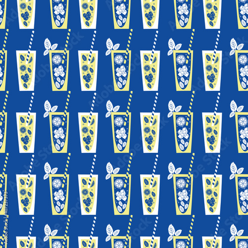 Mint lemonade glass vector seamless pattern background. Cobalt blue, white, yellow backdrop with line art style drinks glasses, straws, citrus fruit, minty leaves. Geometric beverage repeat for summer