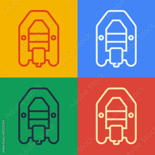 Pop art line Rafting boat icon isolated on color background. Inflatable boat with paddles. Water sports, extreme sports, holiday, vacation. Vector.