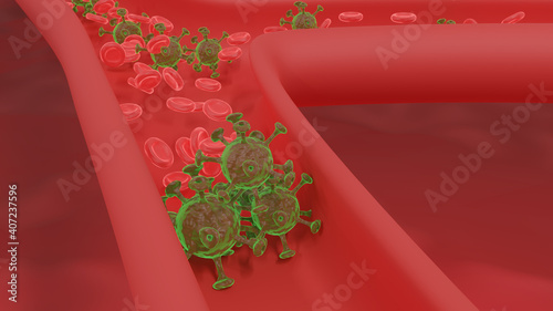 3d rendering illustration. Pandemic medical health risk concept with disease cell. Viral infection of Coronavirus or COVID-19 in the blood vessel. 