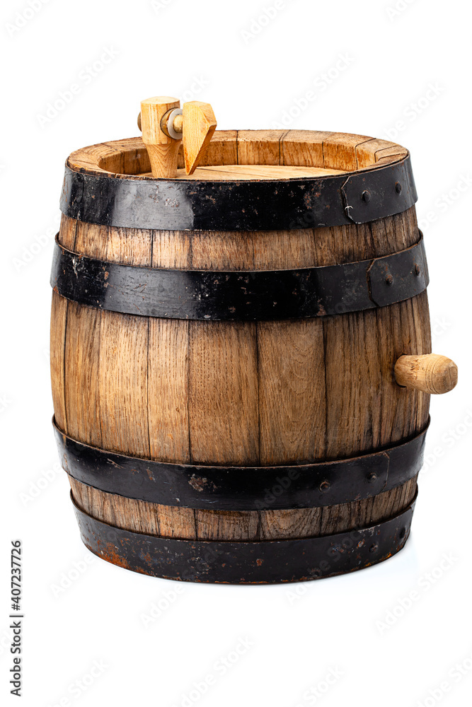 Fototapeta premium wooden barrel for alcohol drinks containing isolated on white background