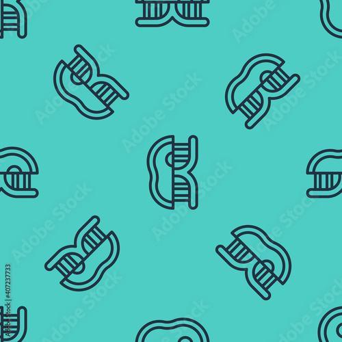 Black line Genetically modified meat icon isolated seamless pattern on green background. Syringe being injected to meat. Vector.
