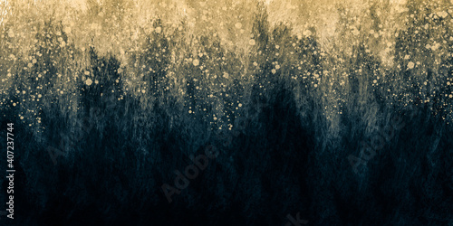 Abstract art grunge paint background by deep blue and gold splash texture in concept grunge, luxury, retro.