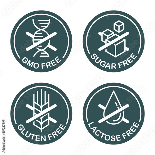 Lactose, Gluten, GMO, Sugar free flat pictograms