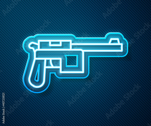 Glowing neon line Mauser gun icon isolated on blue background. Mauser C96 is a semi-automatic pistol. Vector.
