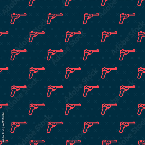 Red line Mauser gun icon isolated seamless pattern on black background. Mauser C96 is a semi-automatic pistol. Vector.